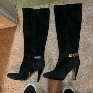 Black Suede Knee-High Heeled Boots with Gold Accent - Women